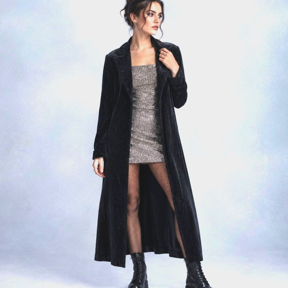 Vtg Black Velvet Maxi Duster Coat Jacket Longline Goth Vampy Witchy 90s Y2K L